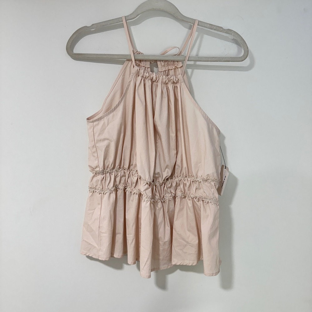 Lush Halter Smocked Peplum Top Women‎ Size M Light Mauve Lace Trim | Coquette